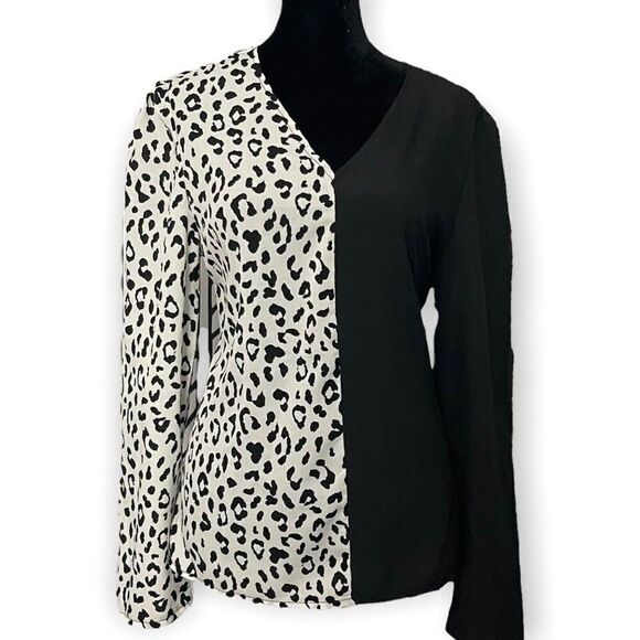 Shein Black White Animal Print Colorblock Blouse US SIZE 6 Casual Long Sleeve - Picture 1 of 6